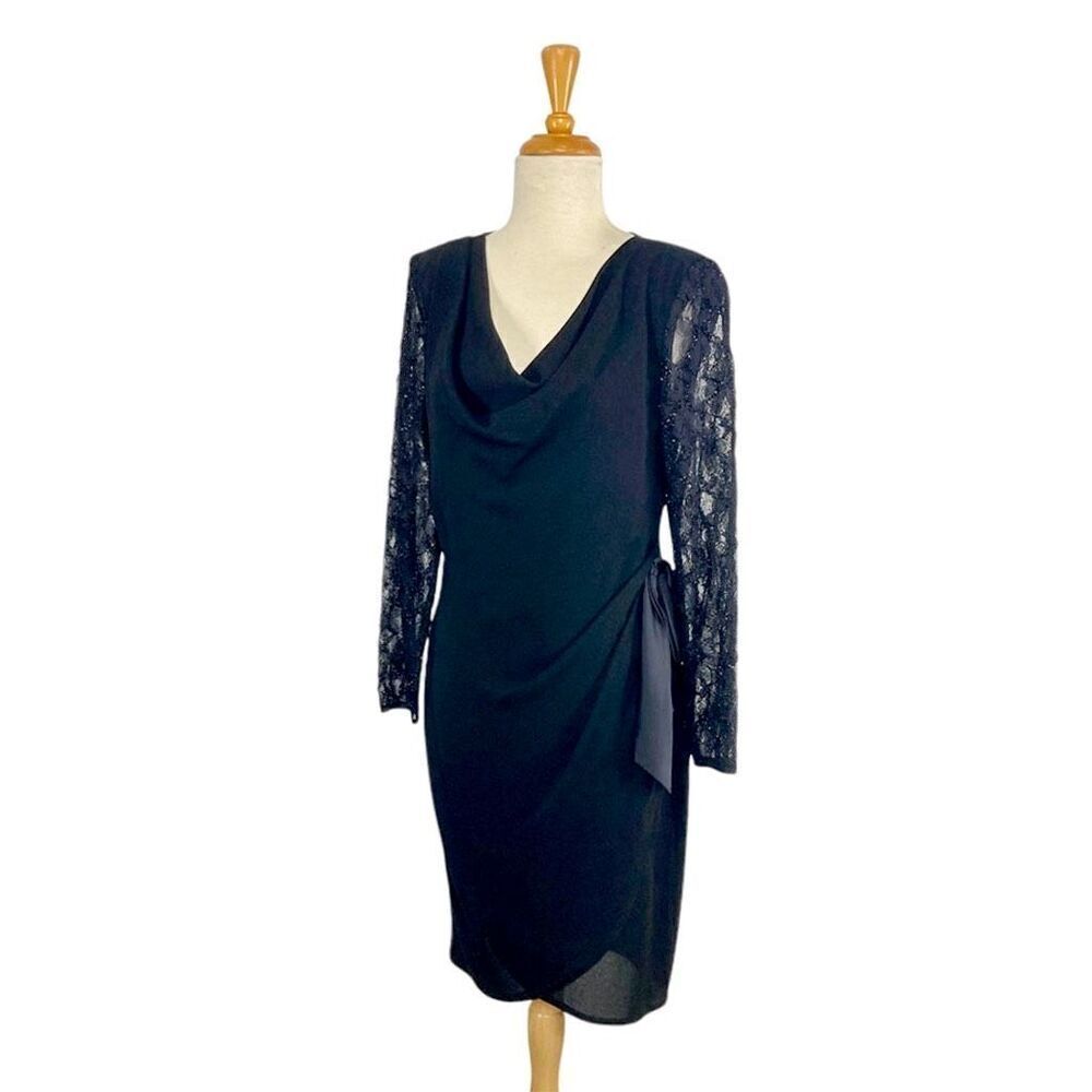 Tom + Linda Platt 10 Dress Faux Wrap Evening Elegant Lace Long Sleeves 90s Saks